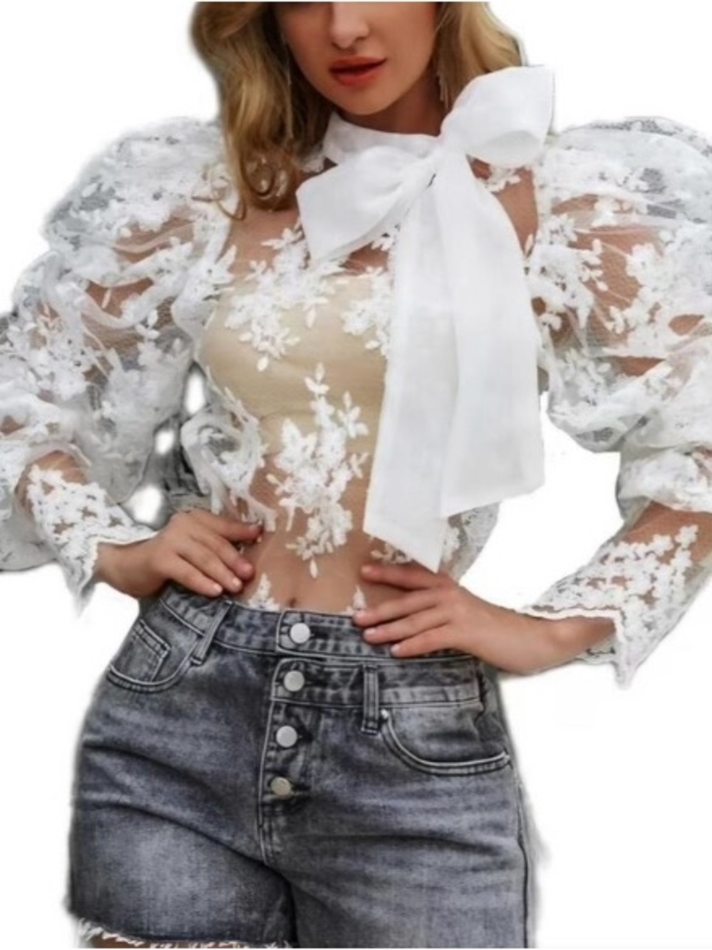 Sheer White Lace Puff-Sleeve Bow Blouse